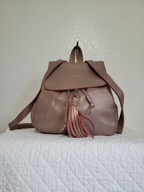 Gold Rose Raw Cowhide Leather Drawstring Backpack with Tassel Detail